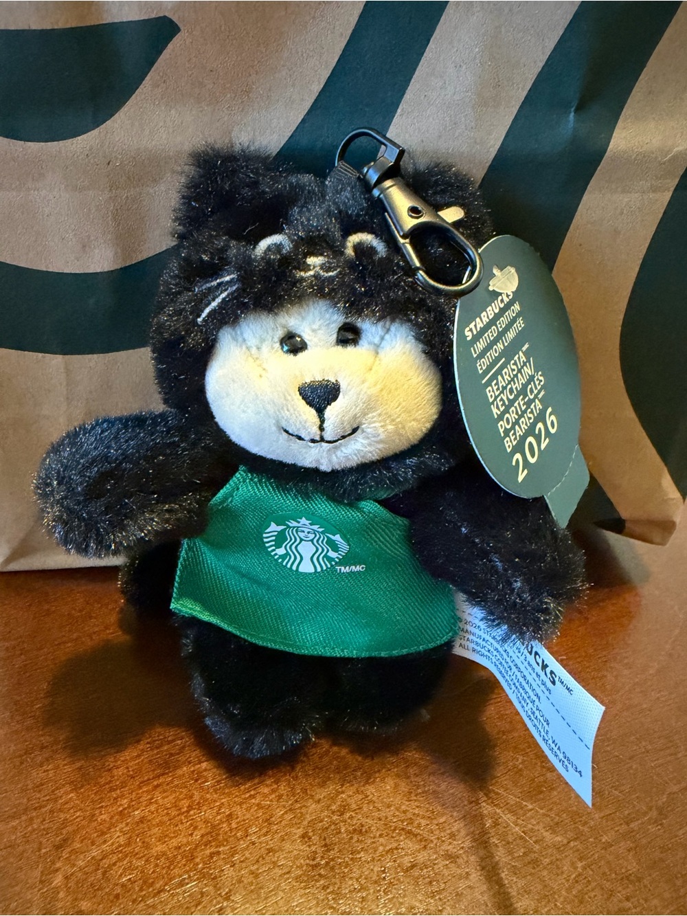 Starbucks 2026 Limited Ed Black Cat Bearista Plush Keychain w Green Apron NWT